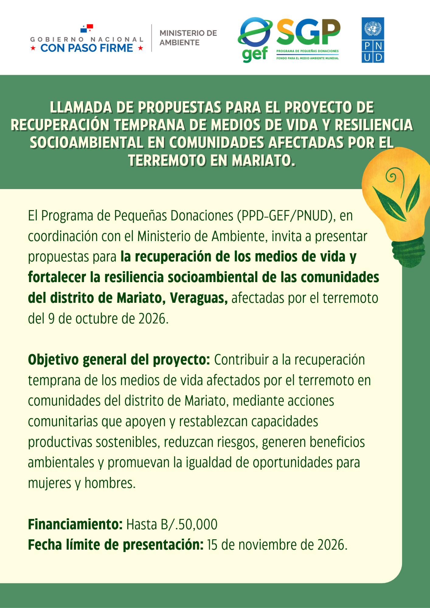 Llamada de propuestas para el proyecto de recuperación temprana de medios de vida y resiliencia socioambiental en comunidades afectadas por el terremoto en Mariato.